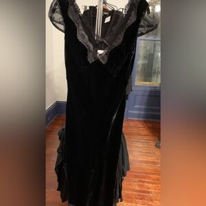 Black Velvet Lace & Mesh Slip dress. Adult Med. Low Cut front & Back. Stunning!
